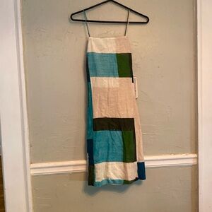 Cute linen dress. Color block w cream, beige, blue, teal, green